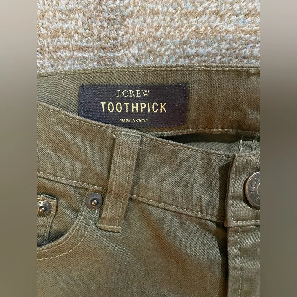 J. Crew Toothpick Jeans Olive Green w Red & White Side Stripes
